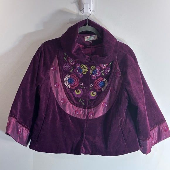 SISSY ME Sz L Velour Jacket with Floral Embroidery 3/4 Sleeves Puffed Collar NEW - Picture 1 of 12